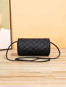 时尚休闲菱形刺绣圆柱形斜挎包 - 黑色 - 查看 2