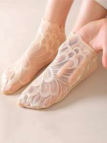 1/5/10 pares de calcetines de verano invisibles para mujer con patrón de encaje y plumas, antideslizantes, ultradelgados y cómodos, transparentes - Multicolor - Ver 3