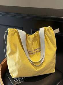 2026 New Drawstring Large Capacity One Shoulder Canvas Bag, Japanese Letter Nylon Handbag Tote Bag For Commuting - Yellow - View 5
