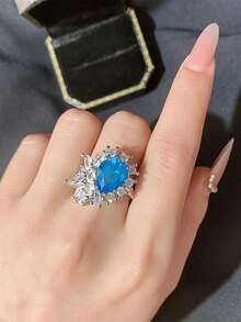Nhẫn hở có thể điều chỉnh kích thước, hình hoa và giọt nước bất đối xứng, màu xanh nhạt, kiểu dáng elip, quà tặng trang sức cho phụ nữ. - trắng - Xem 5