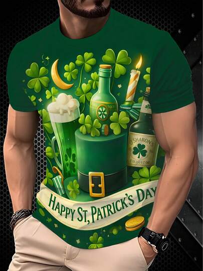 Camiseta de manga corta con estampado para hombre, Parte superior con trébol verde de la suerte, Ropa para fiesta de Día de San Patricio, Transpirable y versátil para el verano