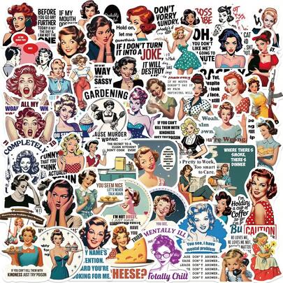 50张欧美女性语录贴纸涂鸦贴纸，可用于装饰行李箱、骑行装备、水壶、DIY滑板、行李箱、头盔等，自粘式