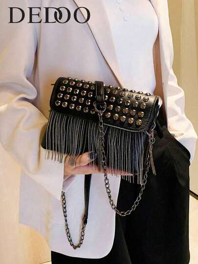 Dedoo Vintage-Textured Dark Punk Rivet Tassel Underarm Square Bag, Flap Underarm Bag, Metal Element Personalized Chain Bag, Can Be Worn As A Single Shoulder Or Crossbody Bag, High Appearance Value, Suitable For Night Parties, Music Festivals, Street Wear And Dating.