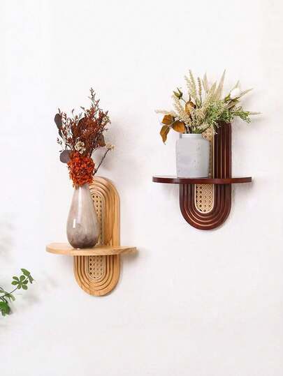 1pc Arched Bohemian Style Floating Shelf - Natural Wood And Woven Rattan Backboard, Easy To Hang, Suitable For Living Room/Bedroom/Bathroom (Can Display Plants/Photos, Home Decor Rack)
