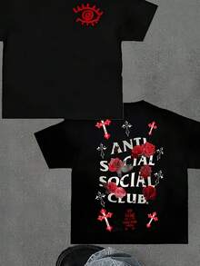 Anti Social Club Graphic Cropped T-Shirt For Boys And Girls Men Women All Ages Family T-Shirt Letter New Streetwear Clothing Haruku T-Shirt Cott Half Sve Tee Y2K Style Casual Cott Clic Crewneck Design Tee - 黑色 - 查看 1