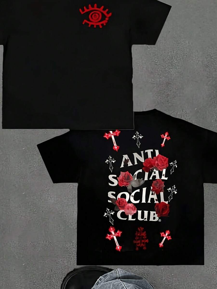 Anti Social Club Graphic Cropped T-Shirt For Boys And Girls Men Women All Ages Family T-Shirt Letter New Streetwear Clothing Haruku T-Shirt Cott Half Sve Tee Y2K Style Casual Cott Clic Crewneck Design Tee - 黑色 - 查看 1