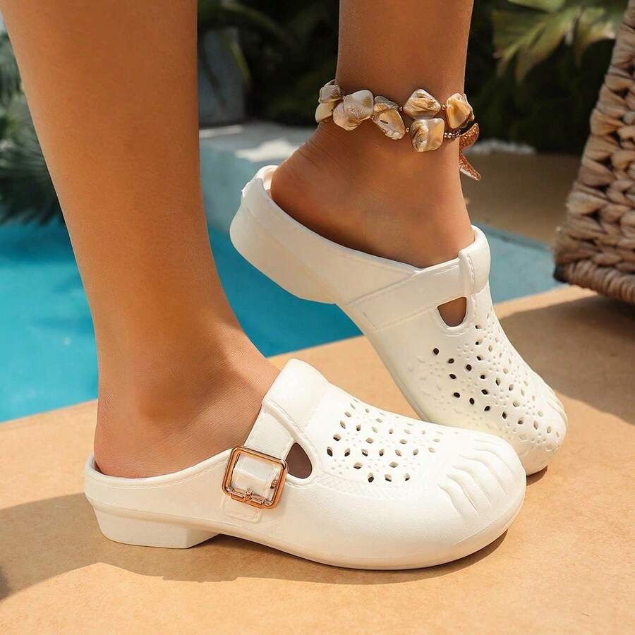 Breathable Perforated Backless Slides, Lightweight Casual Slip-On Sandals - White - View 1