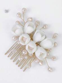 1 pezzo Pettine per capelli da sposa elegante e bianco - Accessorio per capelli da sposa romantico con perle finte e cristalli - Gioiello per capelli floreale vintage per damigelle, ballo di fine anno e feste formali, Pettine per capelli da sposa con fiore 3D bianco, Fermaglio per capelli avvolto in filo d'oro con cristalli, Accessori per capelli da sposa romantici, Copricapo elegante per feste serali - Dorato - Visualizzare 8