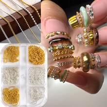 1盒金银链条美甲饰品哥特风条形链钢珠水钻3D美甲设计朋克Y2K魅力美甲装饰美甲沙龙配件美甲用品DIY美甲 - 彩色 - 查看 5