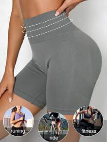 Pantalones cortos deportivos de mujer con control de abdomen, cintura alta, cintura moldeadora, malla transpirable y diseño sin costuras para yoga, fitness, running y ciclismo - Gris - Ver 4