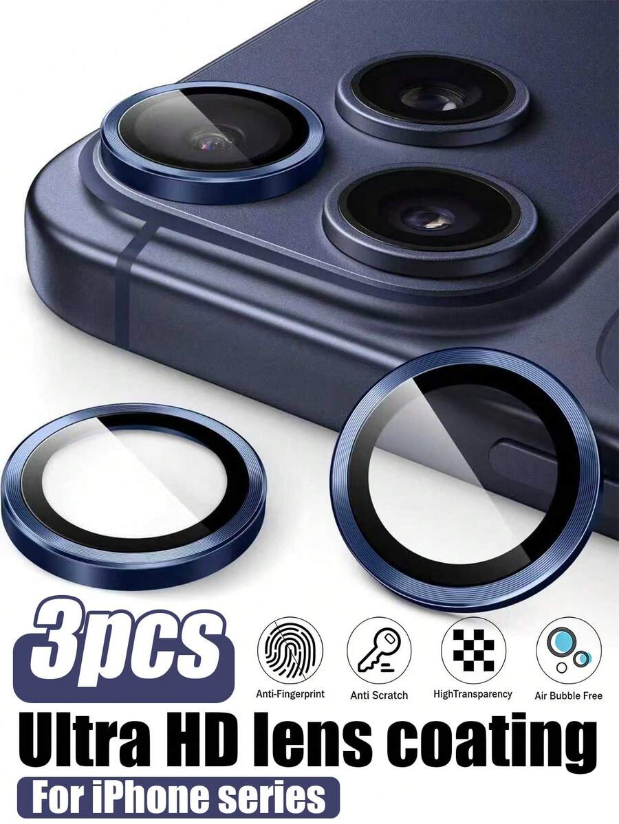 3pcs - Ultra-Clear Tempered Glass Camera Lens Protector Film Compatible With IPhone 17 Pro Max, 16/16e, 16 Pro/Pro Max, 15 Pro Max, 15 Pro, 15 Plus, 15, 14 Pro Max, 14, 14 Pro, 14 Plus, 13, 13 Pro Max, 11, 12. Smooth Surface, Strong Adhesion, With Metal Protective Ring. - Navy Blue - View 1