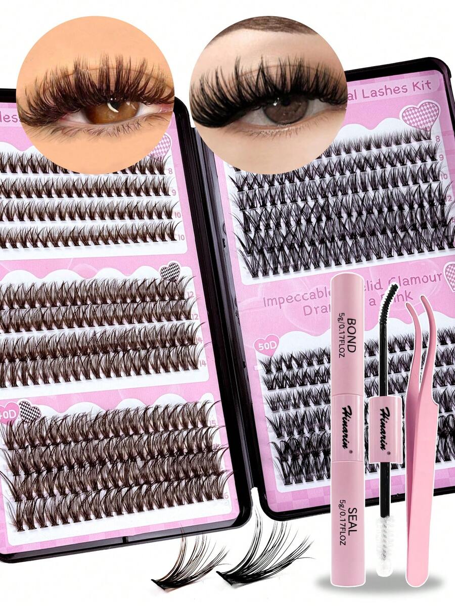 Hinarin 480 Pcs D Curl Individual Lashes Extension Book Kit Wispy 8-16mm Mixed Large Capacity DIY Lash Extensions Cluster Book 3 Styles Natural Black And Brown Eyelash Extension 30D+40D+50D Fluffy Clusters Eyelashes Book Set With Lash Bond&Seal And Tweezers For Parties And Daily Makeup Random Delivery