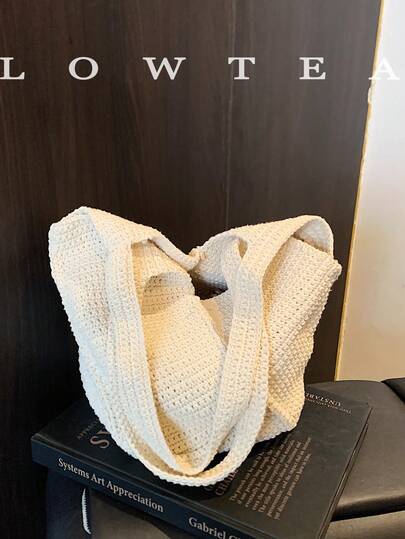  1pc Low Tea Solid Color Crochet Fabric Bucket Bag, Vintage Fashion Crochet Tote Bag With Dual Top Handles, Open Top Closure, Suitable For Travel, Shopping, Dating, Women's Gift, Great For Commuting, Outdoor, Travel, Hiking