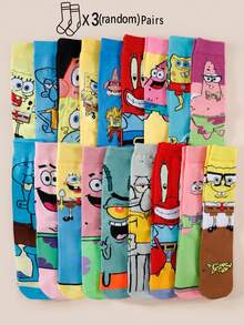SpongeBob SquarePants 5 Pairs Random Unisex Funny Graphic Mid-Calf Socks, Breathable Moisture-Wicking Socks With Interesting Patterns Like Starfish, Octopus, Sandy, Crab, Boss, Suitable For All Seasons, Casual & Dating - Multicolor - View 8