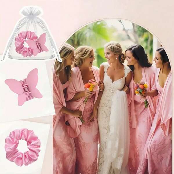 一套婚礼礼品套装，包括蝴蝶发夹、缎面发圈和欧根纱袋，适合新娘、伴娘、单身派对、婚礼、生日、毕业典礼、母亲节等场合。