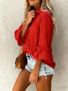 Casual Minimalist Charming Fashion 3/4 Sleeve Button Collar Shirt, Minimalist 3/4 Sleeve Ruffle Cuff Blouse, Women Spring - Red - View 3