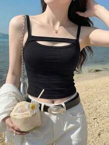 Summer New Women Hollow Chest Camisole, Built-In Padded Bra One-Piece, Sexy Sports Top, Underwear As Outerwear - Black - View 1