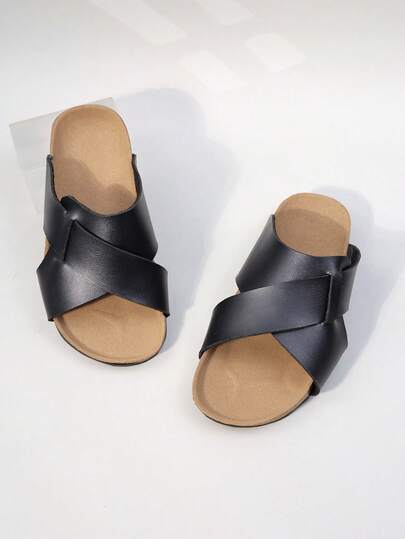1 Pair Girls' Breathable Cross-Band Faux Leather Flat Slide Sandals - Perfect For Beach, Pool, And Everyday Summer Use