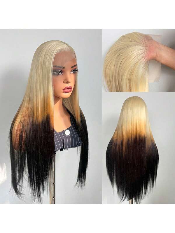 13x4 Lace Front Wig, Ombre Golden To Brown Long Straight Synthetic Hair, Heat Resistant Fiber, Soft Pre-Plucked Hairline, Suitable For Daily, Party And Various Occasions