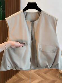 女士无袖短款背心，秋季清新纯色泡泡下摆，拉链圆领，时尚百搭，修身夏季款 - 杏色 - 查看 6