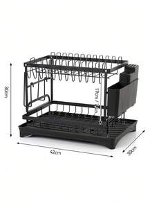 Escurridor de 2 niveles, estante de almacenamiento de acero al carbono para encimera de cocina con bandeja de goteo, negro - Multicolor - Ver 8