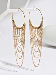 一对优雅夸张的波西米亚风金属串珠多层流苏长耳环，适合夏季、休闲、街头风格、庆典等场合，百搭礼物。 - Golden - 查看 3