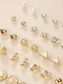 Set de 20 piezas de aretes cuadrados con garra de perla y rhinestone en estilo minimalista mate - Amarillo Oro - Ver 3