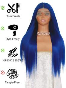 Tóc giả ren phía trước màu xanh hoàng gia 13*4, tóc giả thẳng tổng hợp, tóc giả ren phía trước trong suốt HD, đã tỉa sẵn, có thể rẽ ngôi tự do, sợi chịu nhiệt, thích hợp cho các buổi hòa nhạc và tiệc tùng. - Xanh đậm - Xem 8