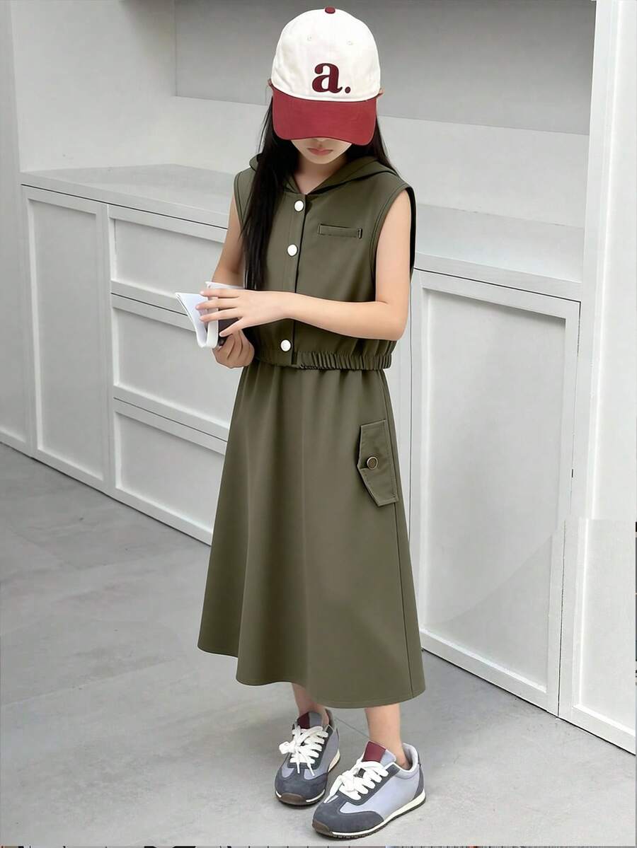 Tween GirlsCasual Streetwear Sleeveless Hooded Crop Top And High Waist Skirt Set - Army Green - View 1