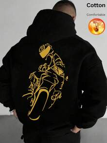 Men's Black Hoodie, Street Style Motorcycle Rider Graphic Print Design, Warm Loose Fit Hooded Sweatshirt, Versatile Street Wear - Black - View 4