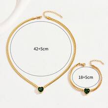 2pcs Women Necklace & Bracelet Set, Unique Heart-Shaped Green Cubic Zirconia Inlaid Pendant Necklace And Bracelet, Versatile Accessories - Gold - View 3