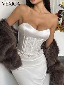 Vexica 女士性感优雅白色法式蕾丝缎面抹胸露背吊带背心，浪漫新娘送礼会及婚礼宾客春夏度假装扮 - 白色 - 查看 8