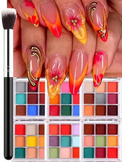 9色霓虹荧光固体颜料粉套装，适用于渐变美甲，荧光指甲颜料闪粉，珠光摩擦粉，配有渐变美甲刷，用于渐变美甲DIY配件