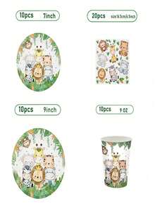 Juego de 50 piezas de vajilla desechable con animales de la jungla lindos, platos de papel, vasos y servilletas con estampado de león, jirafa, tigre y elefante de dibujos animados, vajilla desechable para niños, safari, cumpleaños, baby shower, sirve para 10 invitados, decoración y suministros para fiesta con tema de animales de la jungla - Multicolor - Ver 2