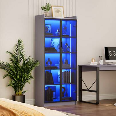 Display Cabinet With Doors And Adjustable Shelves, 65" Tall Bookcase With LED Lights/Human Sensor, 5 Tier Display Case For Collectibles Bedroom Living Room Office, Black