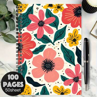 100-Page Spiral Notebook With Floral Hand-Drawn Pattern, High-Quality Paper, Suitable For Work, Study, School, Graduation Gift, Birthday, Diary Writing, Planning, And Note-Taking. Elegant Appearance, Thoughtful Design, Great For Gifting Or Personal Use.