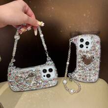 高品质奢华3D心形水钻镜面手机壳，带链条，适用于 17 Pro Max、17 Pro、17、16 Pro Max、16 Pro、16、15 Pro Max、15 Pro、15、14 Pro Max、14 Pro、14、13 Pro Max、13 Pro、13，时尚优雅 - 彩色 - 查看 4