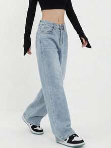 BOSTON Letter Print Jeans Women's Baggy Boyfriend Jeans Wide Leg High Rise Dark Wash Vintage Jeans Y2K Street Denim Pants - 藍色 - 查看 4