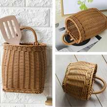 1 pieza Cesta de almacenamiento colgante de pared de ratán hecha a mano, adecuada para guardar cucharas, palillos, flores y artículos varios, cesta de almacenamiento portátil montada en la pared, decoración del hogar - albaricoque - Ver 3