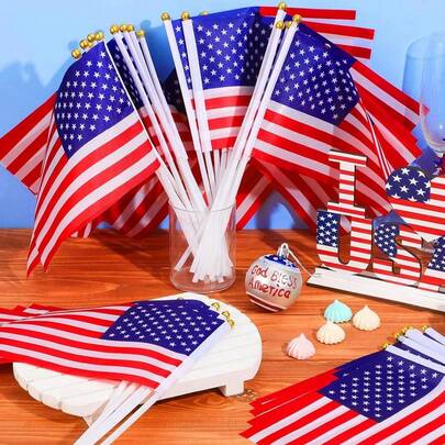12/24pcs Mini American Flag With Flagpole, Independence Day Mini Hand-Held Flags, July 4th USA Flags, Suitable For Memorial Day Parade, Patriotic Party, Veterans Day