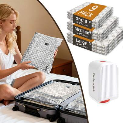 Travel Vacuum Bags With Portable Electric Pump, 9-Piece Set (3L/3M/3S) Compression Packing Seal Cubes For Clothing, Suitcase, And Luggage Organization, Space-Saving Clothing Storage Bags,Suitable For Home, Apartment, And Travel Use, Reusable