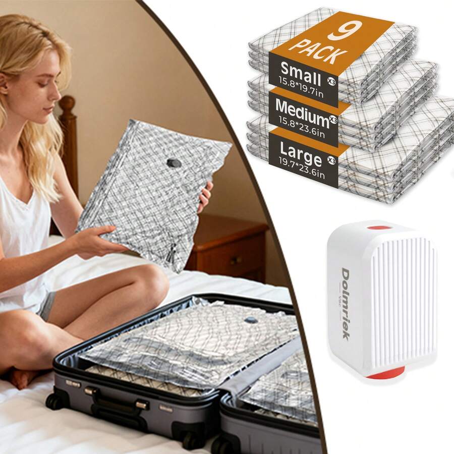 旅行真空收纳袋套装，含便携式电动泵，9 件套（3L/3M/3S），压缩密封袋，适用于衣物、行李箱和旅行包的整理收纳，节省空间，适合居家、公寓和旅行使用，可重复使用。