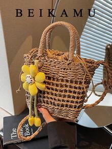 BEIKAMU New Khaki Woven Mesh Bag, Floral Decor Drawstring Tote Basket Bag, Handheld & Crossbody Versatile Beach Bag For Women - Khaki - View 7