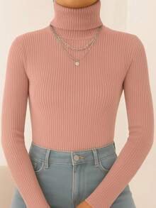 Women's Ribbed Knit Blouse With High Neck And Long Sleeves, Elegant And Simple, Polyester Knit, Home, Beach, And Everyday Wear. - Rusty Rose - View 1