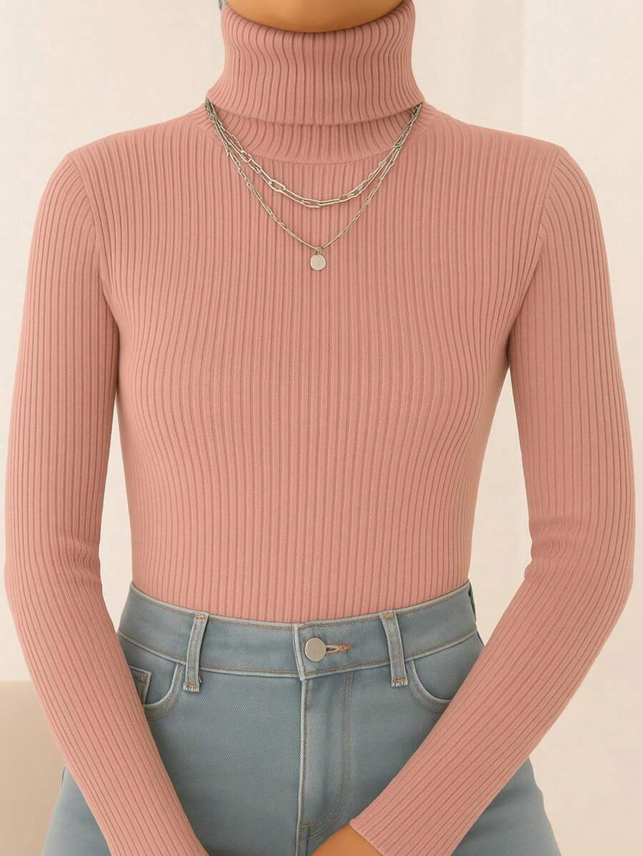 Women's Ribbed Knit Blouse With High Neck And Long Sleeves, Elegant And Simple, Polyester Knit, Home, Beach, And Everyday Wear. - Rusty Rose - View 1
