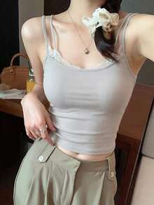 Women's Lace Patchwork Camisole, 2 In 1 Backless Top, Spring/Summer - Grey - View 4