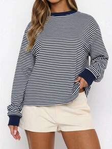 Áo thun nữ dài tay cổ tròn phối màu sọc tương phản mùa xuân/hè Vaiaye, kiểu dáng tối giản, rộng rãi, phù hợp mặc hàng ngày và đi làm. - Màu xanh hải quân - Xem 8