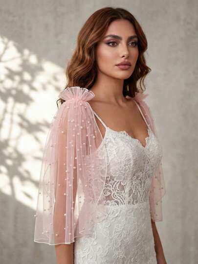 2pcs One Size Fits Most Pink Beaded Bridal Shoulder Shawl, Sheer Short Double Shoulder Cape Suitable For Wedding, Vacation And Party, Comes With Detachable Safety Pin