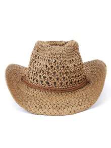1pc Vintage Hollow Brim Wide Brim Straw Hat, Unisex Outdoor Travel Beach Hat, Handwoven Breathable Western Cowboy Panama Hat, Spring/Summer - A - 查看 6
