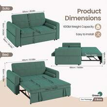Jooli H 2 Seater Sofa Bed, 3-In-1 Convertible Pull Out Sleeper Sofa With 3-Position Adjustable Backrest, Side Pockets For Living Room, Guest Room, Green - Green - Two-seater - View 2